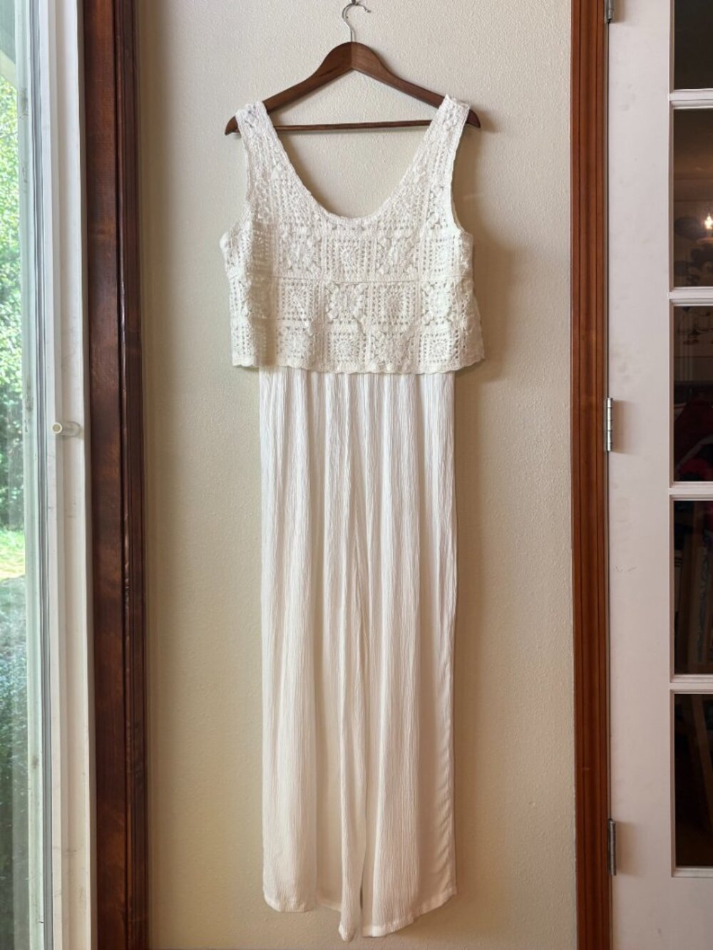 White Straight Leg Jumpsuit Granny Square Crochet Bodice Crinkled Pants Boho L - Picture 5 of 11